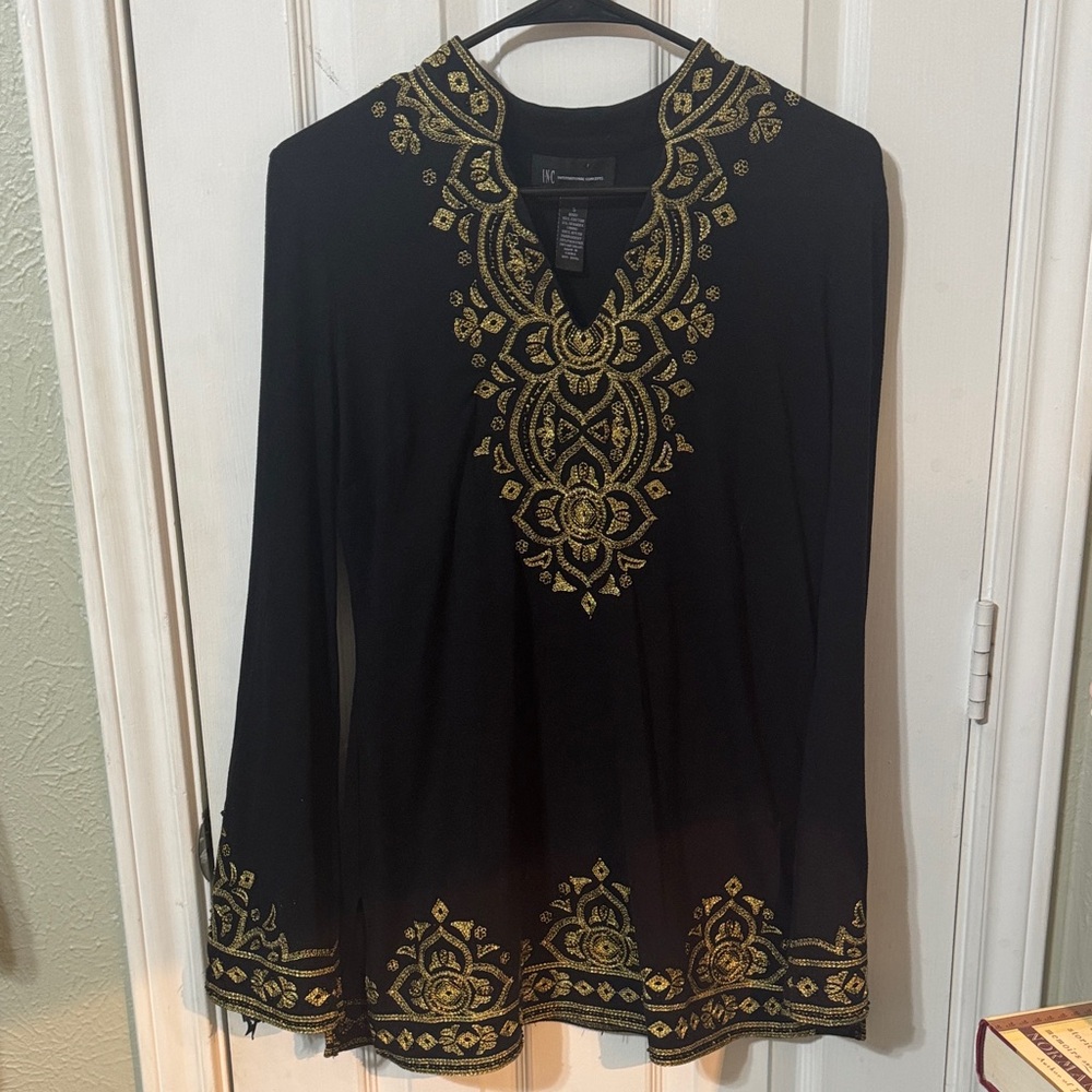 INC International Concepts Black Tunic with Gold Detailing